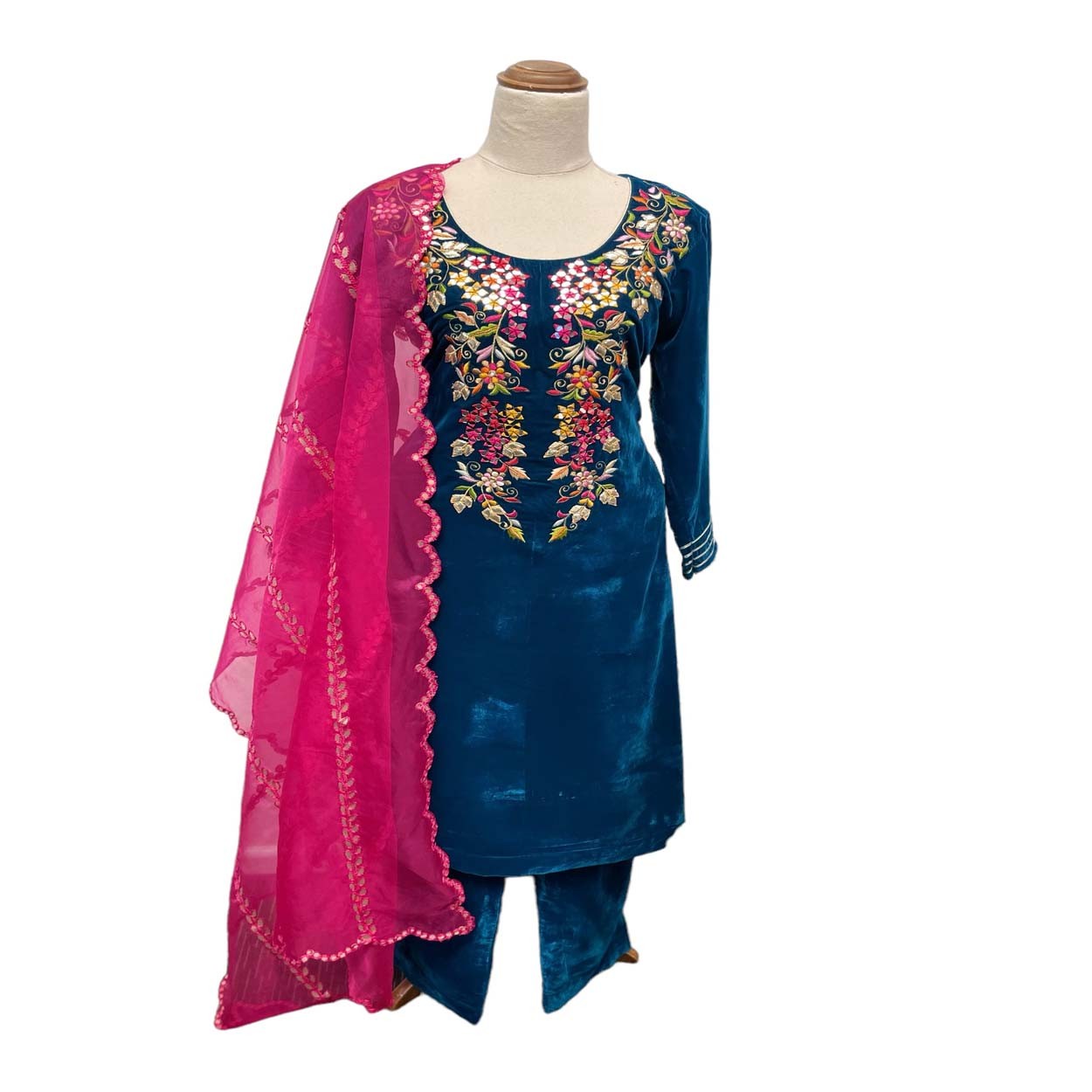 Teal blue velvet mirror embroidered shirt with straight pants and contrast organza dupatta