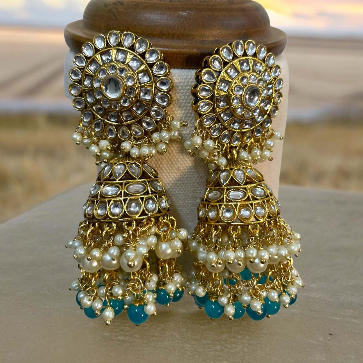 Imitation Kundan earrings - teal and pearl detailed