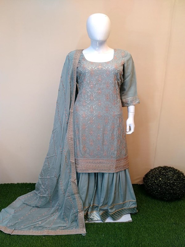 Sharara suit with machine embroidery